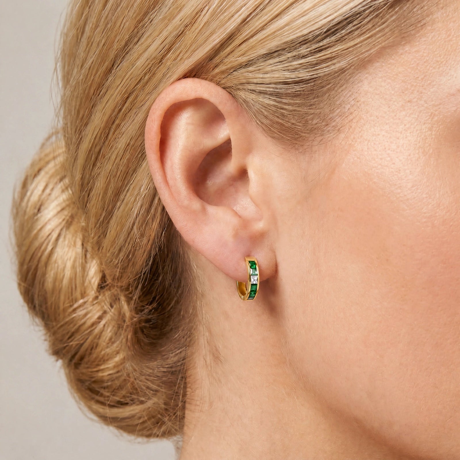 Yellow Gold Huggie Earrings White Topaz 10K — Drusilla