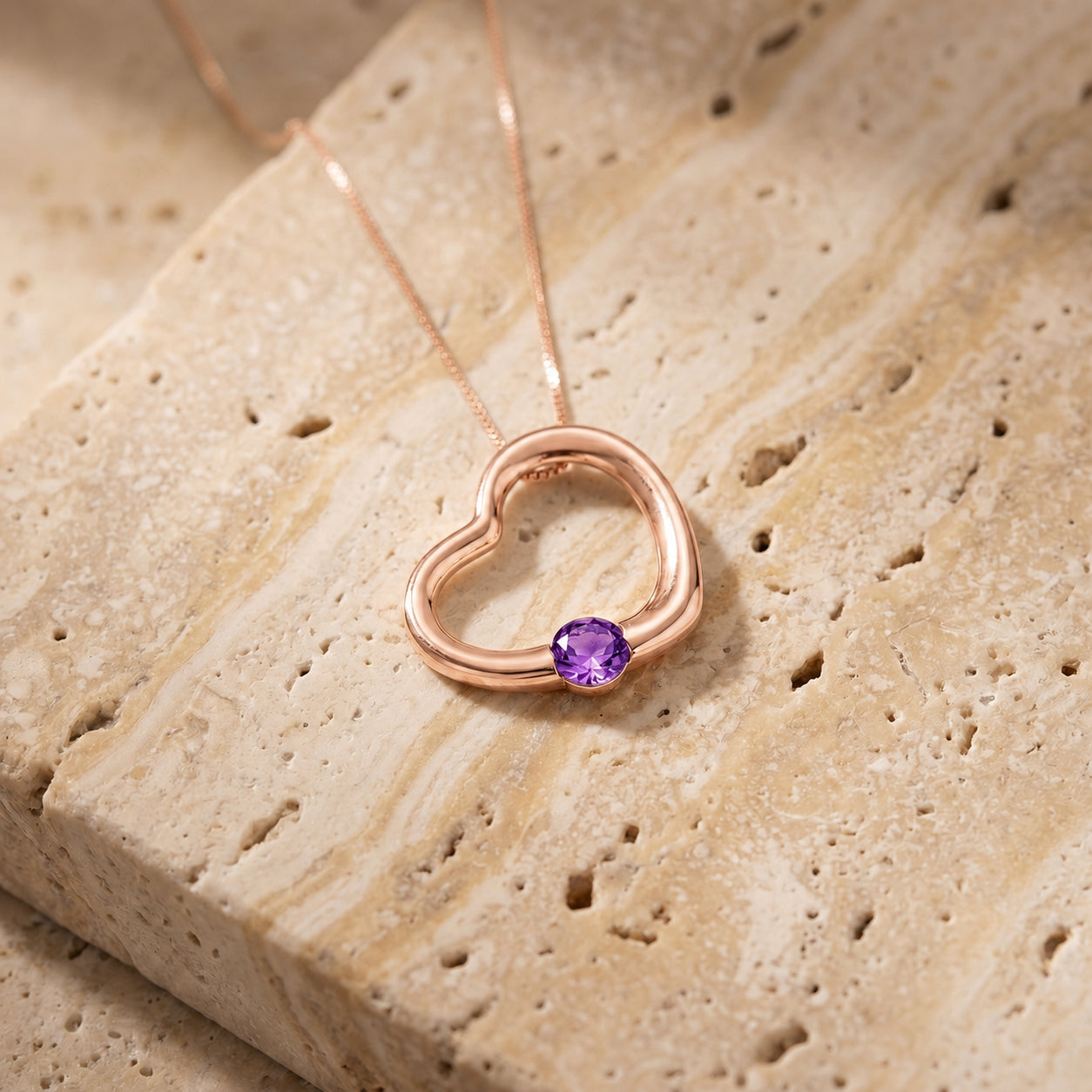 Rose Gold Open Heart Pendant Necklace Amethyst 10K — Smeralda