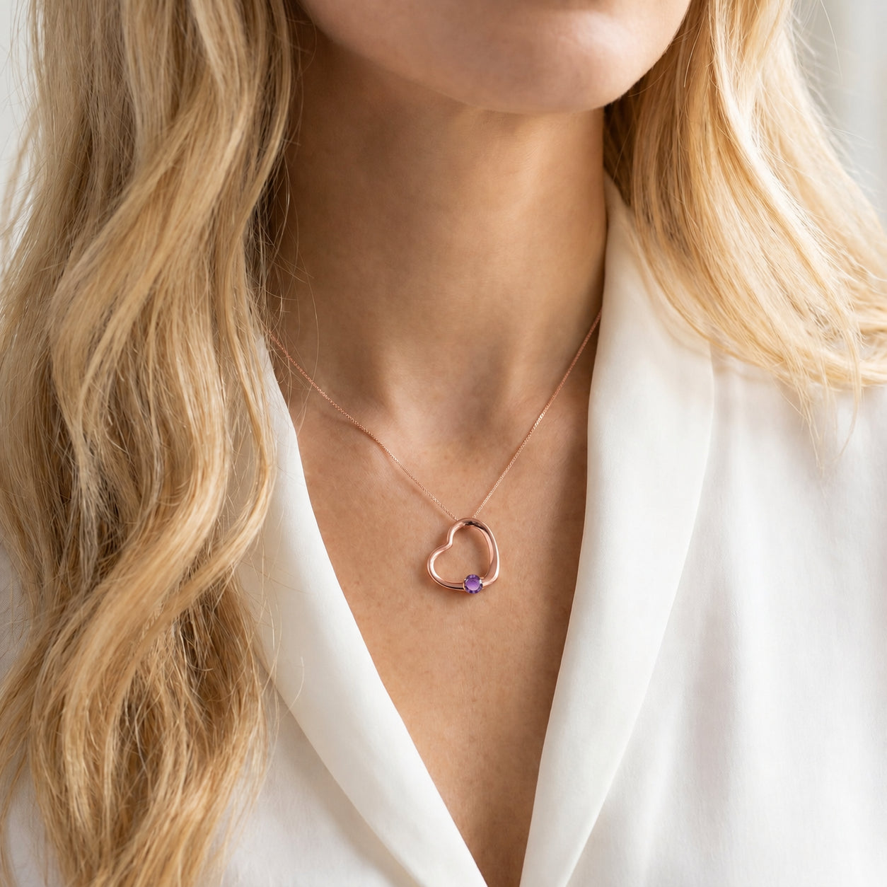 Rose Gold Open Heart Pendant Necklace Amethyst 10K — Smeralda