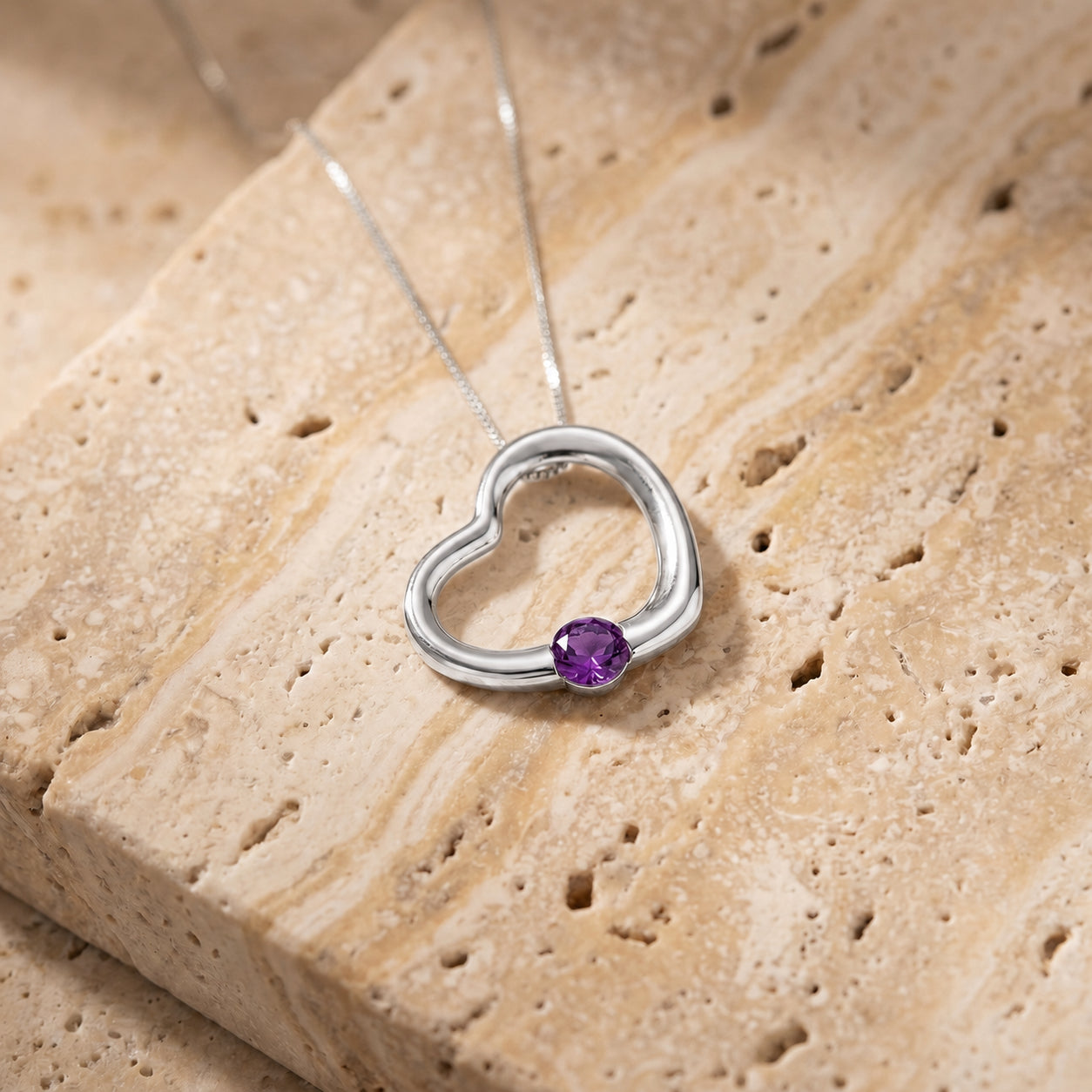 White Gold Open Heart Pendant Necklace Amethyst 10K — Smeralda