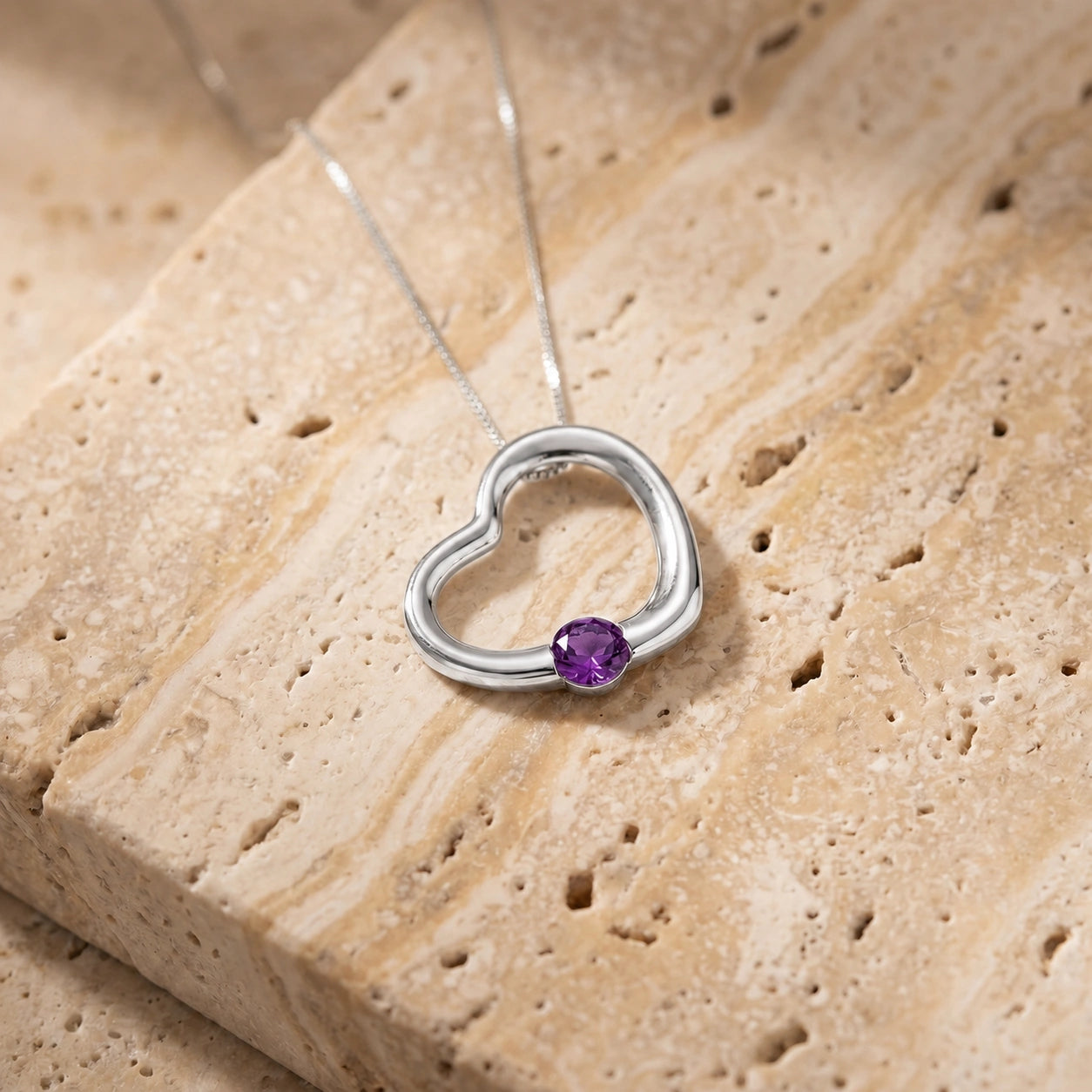 White Gold Open Heart Pendant Necklace Amethyst 10K — Smeralda