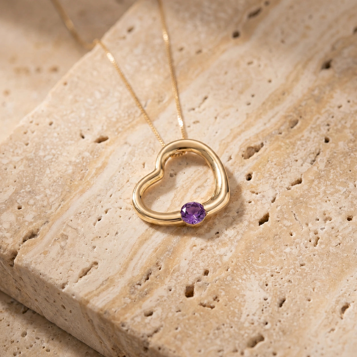 Yellow Gold Open Heart Pendant Necklace Amethyst 10K — Smeralda