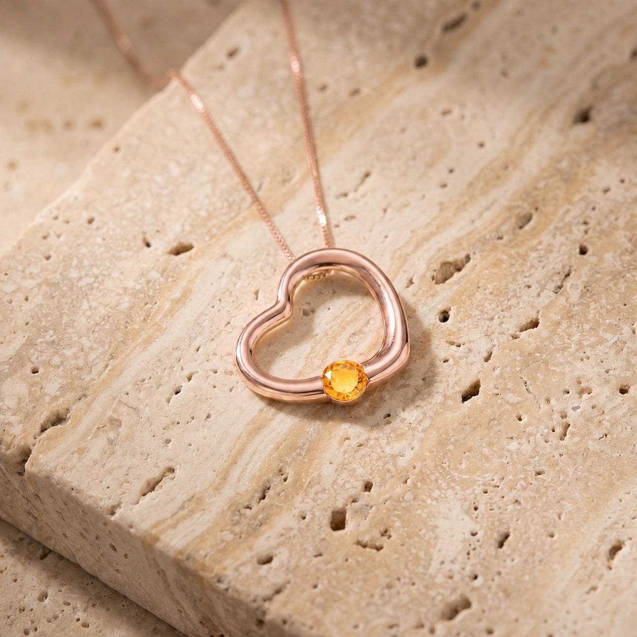 Rose Gold Open Heart Pendant Necklace Citrine 10K — Smeralda