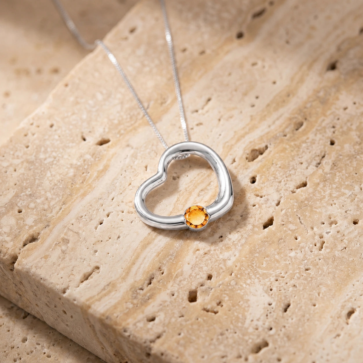 White Gold Open Heart Pendant Necklace Citrine 10K — Smeralda