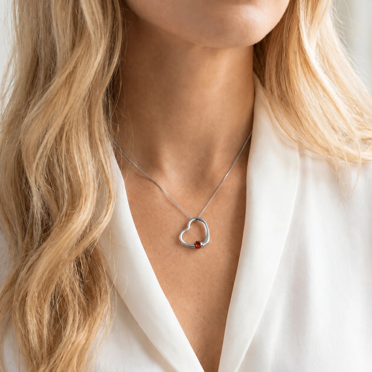 White Gold Open Heart Pendant Necklace Garnet 10K — Smeralda