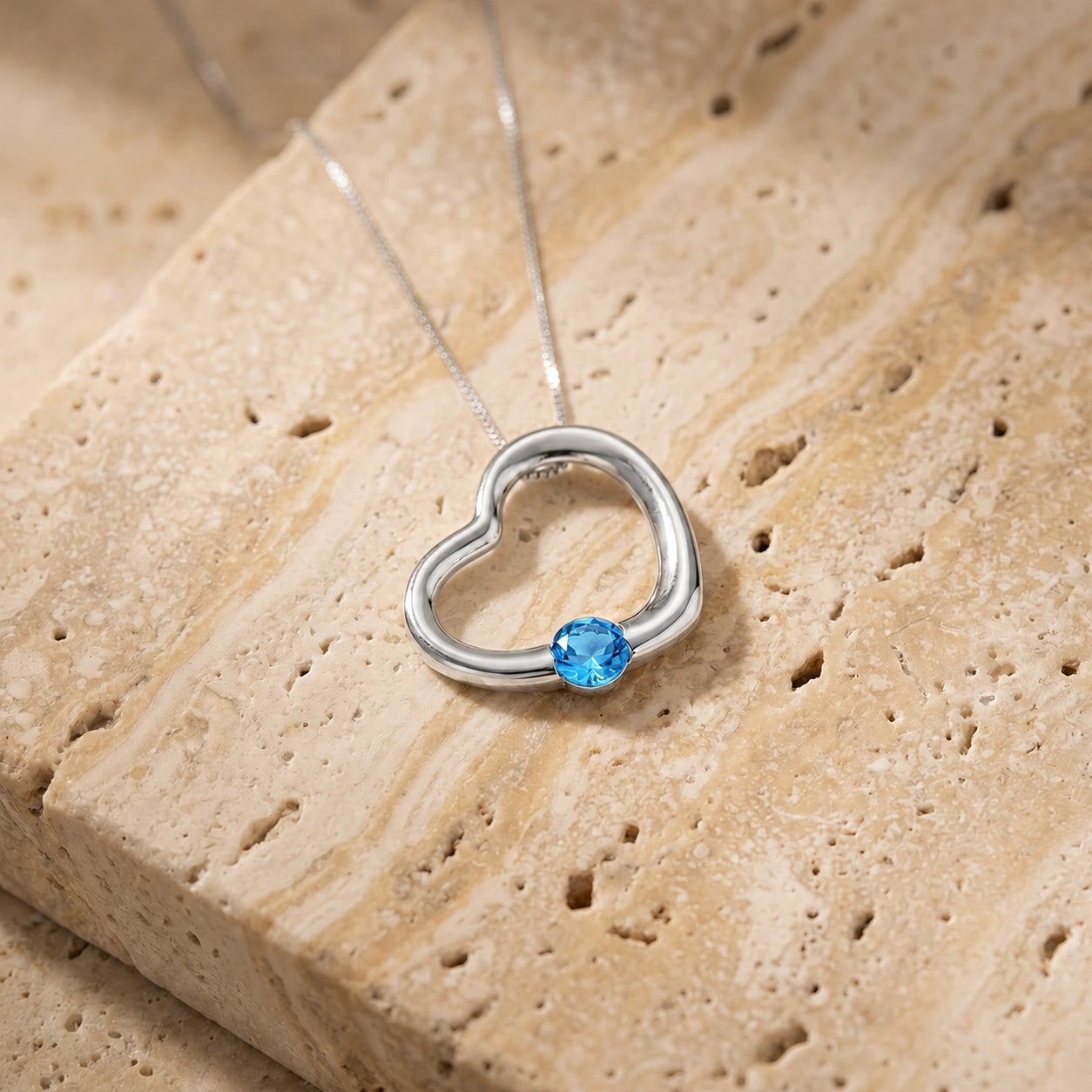 White Gold Open Heart Pendant Necklace Blue Topaz 10K — Smeralda