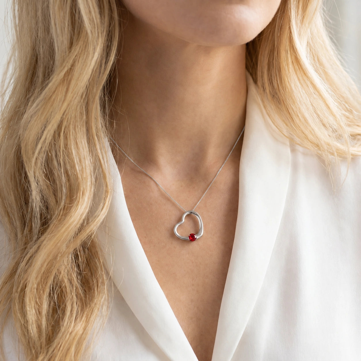 White Gold Open Heart Pendant Necklace Ruby 10K — Smeralda