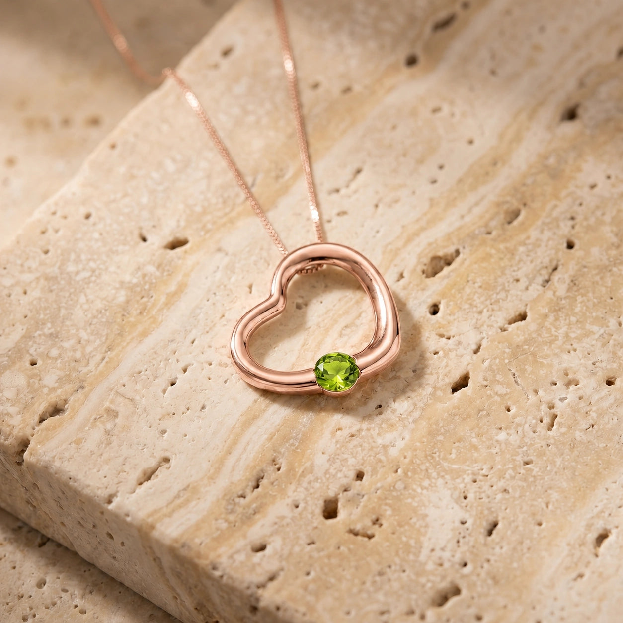 Rose Gold Open Heart Pendant Necklace Peridot 10K — Smeralda