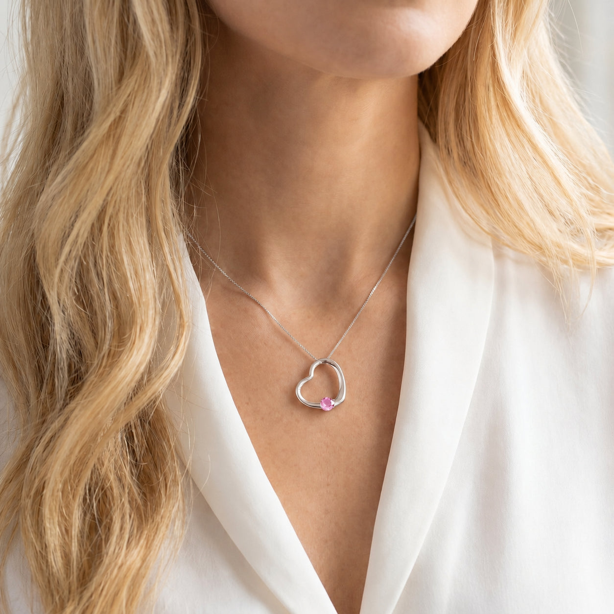 White Gold Open Heart Pendant Necklace Pink Topaz 10K — Smeralda