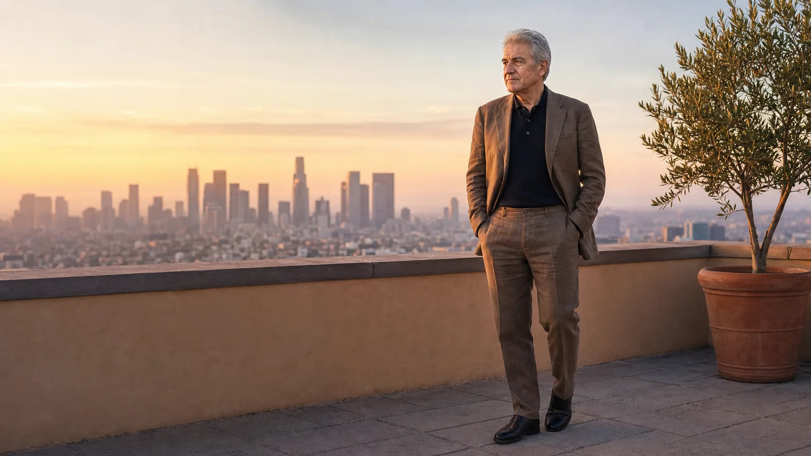 Pierre Veroni on a Los Angeles rooftop at sunset