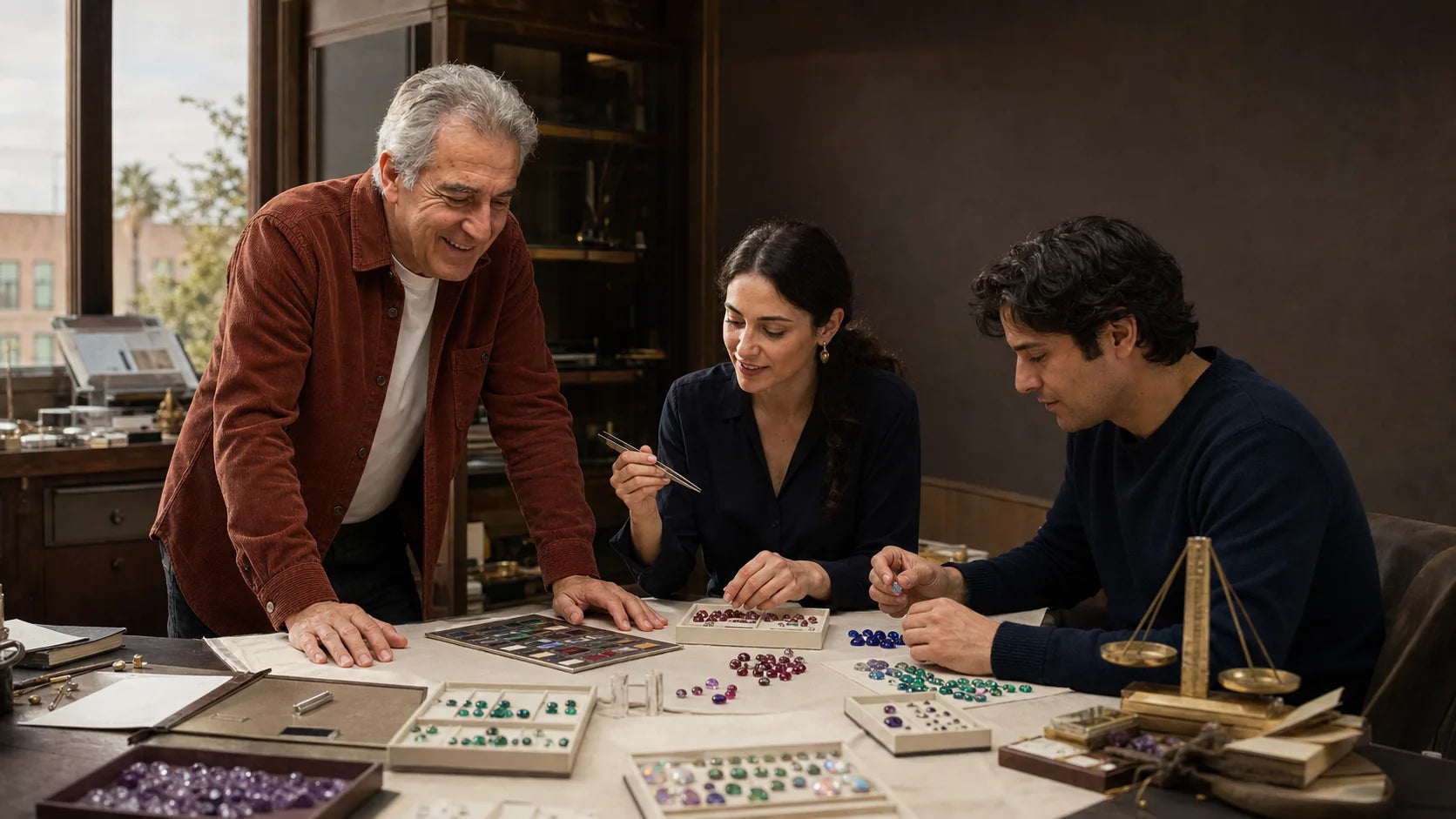 Pierre Veroni selecting colored gemstones with the Los Angeles design team