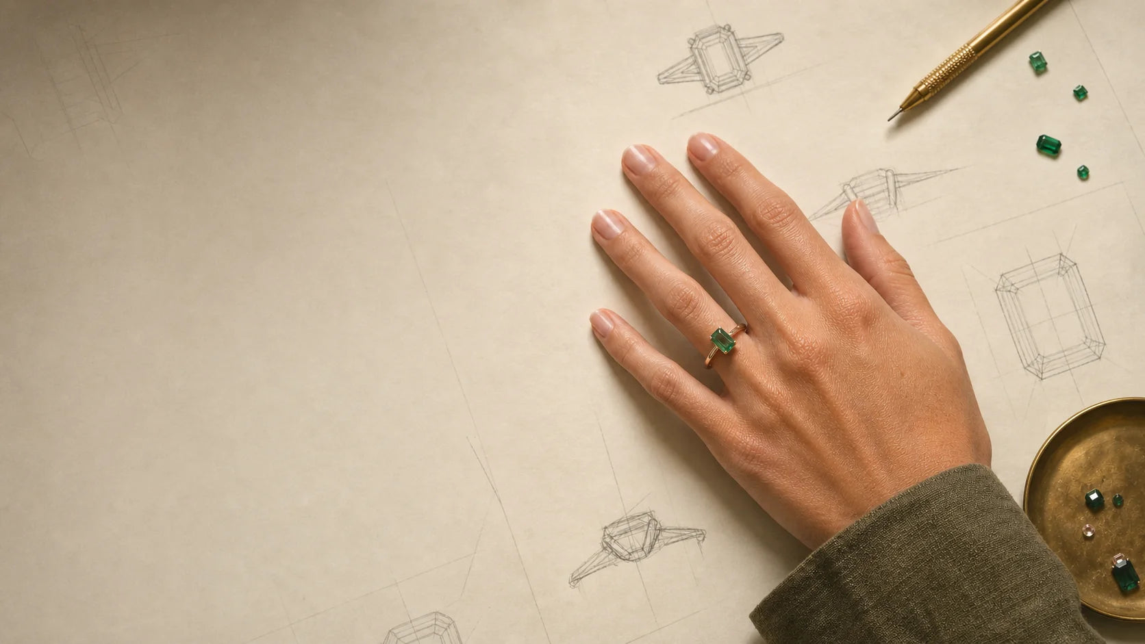 Emerald ring resting on hand-drawn Veroni design sketches